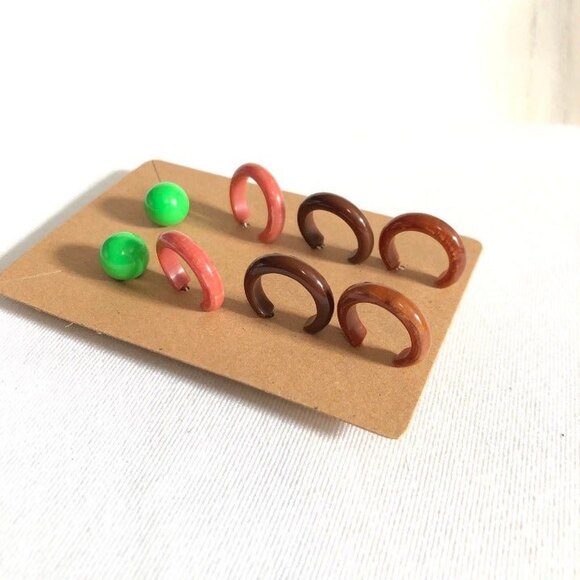 Green Ball Stud Warm Color Tones Hoop Pierced Earrings 4 Pairs - Picture 3 of 6